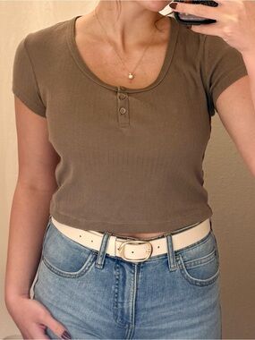 Uniqlo Brownish Green Ribbed Henley Crop Top